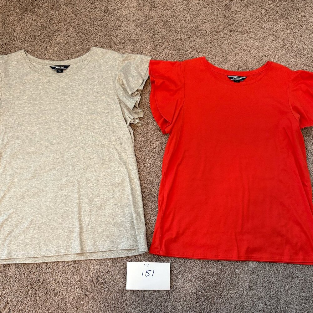Land's End NWOT L 2 tops tomato red & heather grey gray crew neck ruffled sleeve